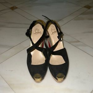 Black and gold suede authentic Christian Louboutin block heels.